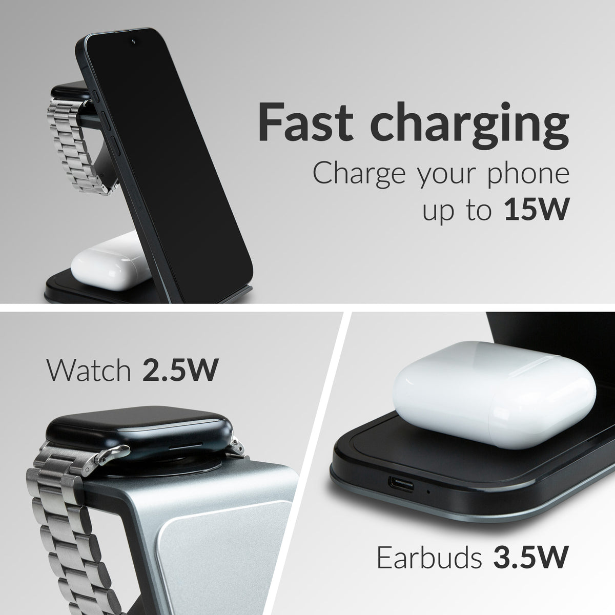 Mobilize 3In1 Aluminium Wireless Charger Station 15W