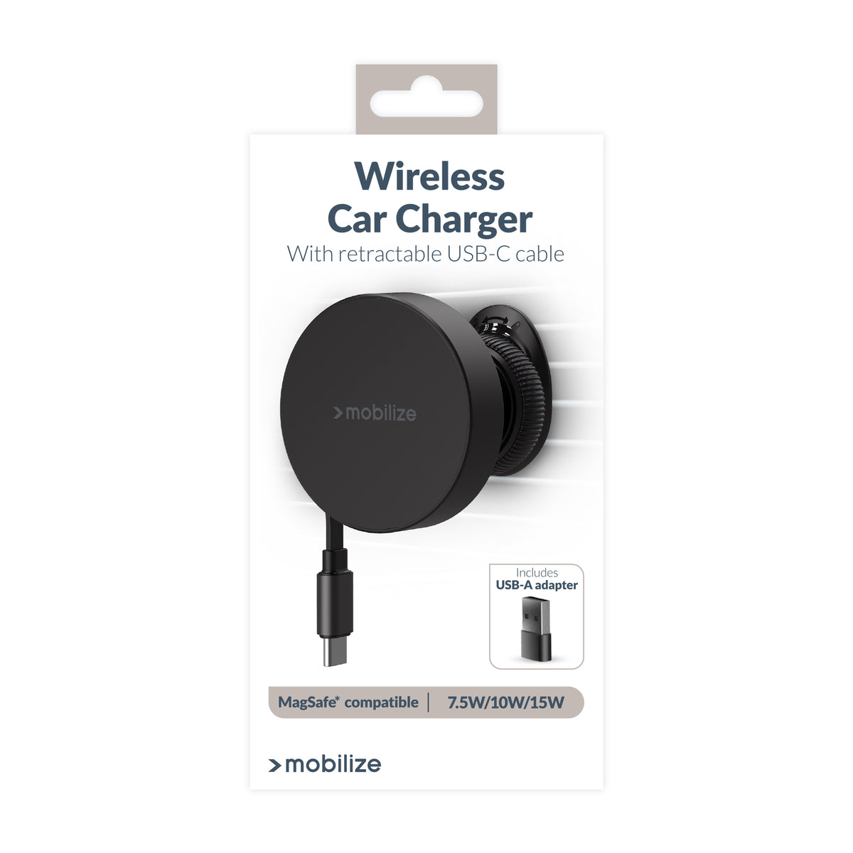 Mobilize Magsafe Compatible Car Holder/Charger 7.5W/10W/15W With Retractable Usb-C Cable Black