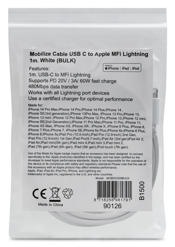 Mob Oem Cable Usb-C To Apple Lightning (Non Mfi) 1M. White (Bulk)